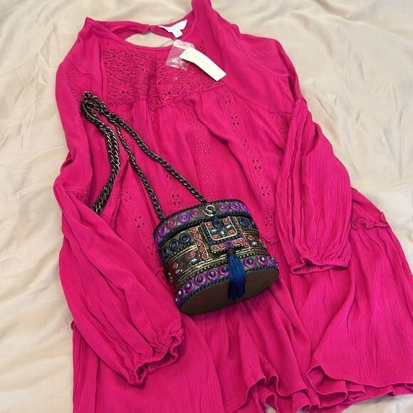 NWT Adiva bright pink LS mini dress or tunic keyhole flowy flouncy ruffles lace - Picture 13 of 16